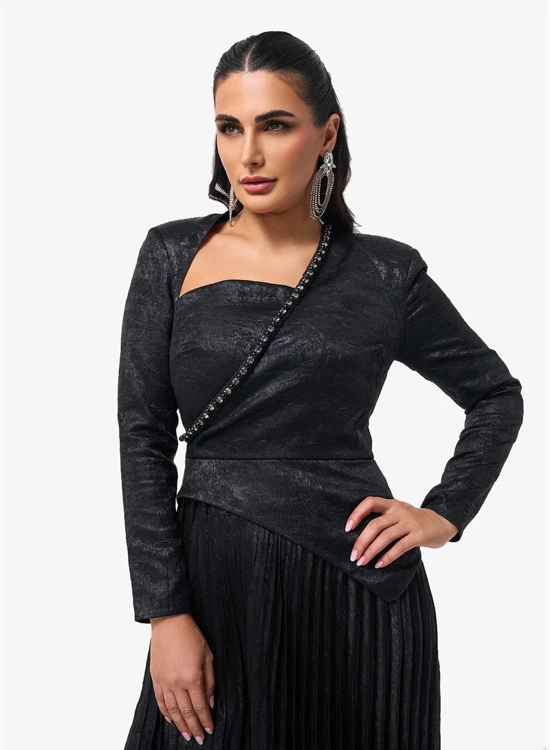 Threadz by Ajooni  Pleated Long Sleeve Maxi Dress for Women | Best Price UAE